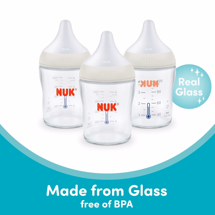 NUK Perfect Match Glass Natural + Anti-Colic Bottle, 4 oz. Glass Baby Bottles with SafeTemp Temperature Indicator, Newborn Essentials, 3-Pack : Baby